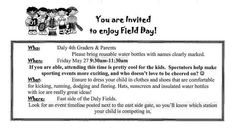 You Are Invited to 4th Grade Field Day 